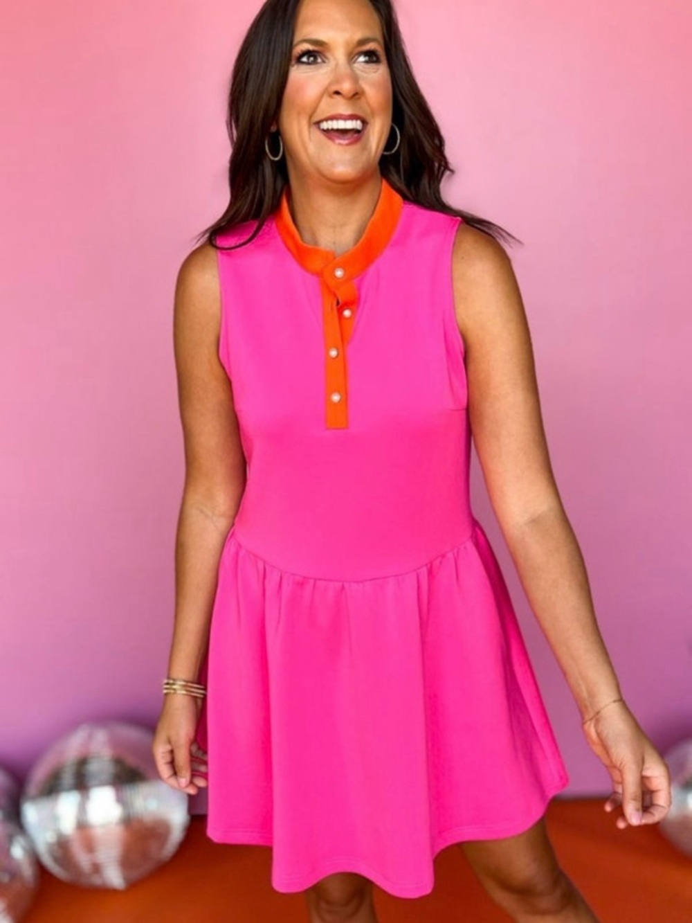 SSYS The Colorblock Augusta Pearl Button Scuba Dress In Hot Pink Orange